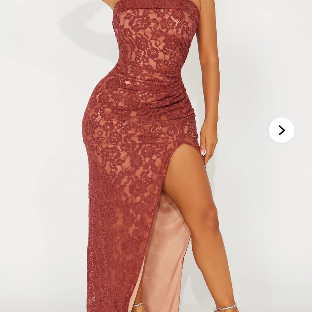 Fashion Nova “Liv Lace Maxi Dress” color  Marsala Ruched Strapless Bodycon Dress